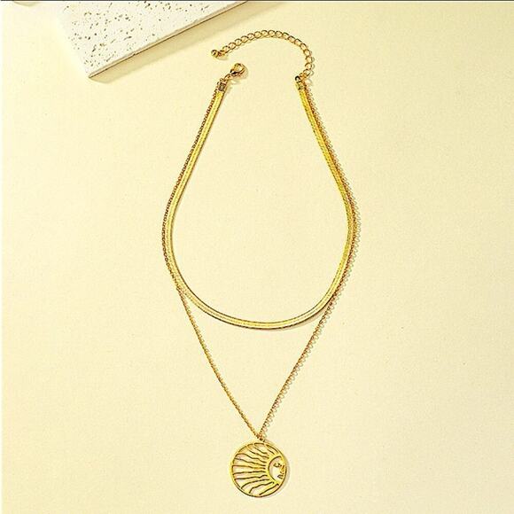 Gold Plated Sun Necklace, Herringbone, Hollow Out, Boho, Multilayer - Picture 6 of 6